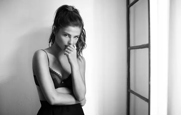Girl, underwear, brunette, black and white, Stefanie Scott