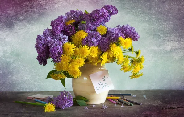 Picture bouquet, pencils, dandelions, lilac