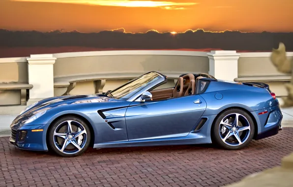 Picture sunset, blue, Ferrari, convertible, Ferrari, blue, sundown, cabrio