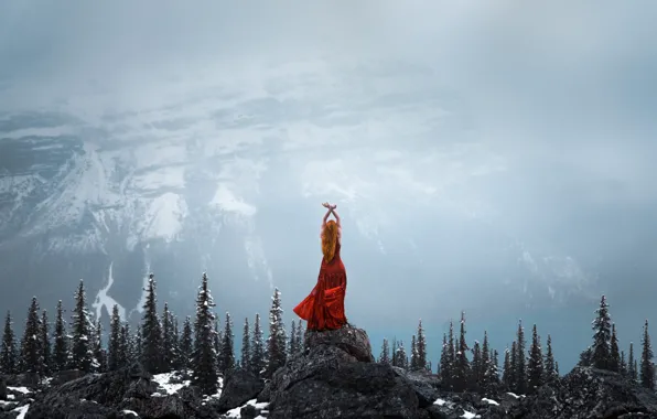 FOREST, MOUNTAINS, SNOW, DRESS, WINTER, RED, TREES, POSE