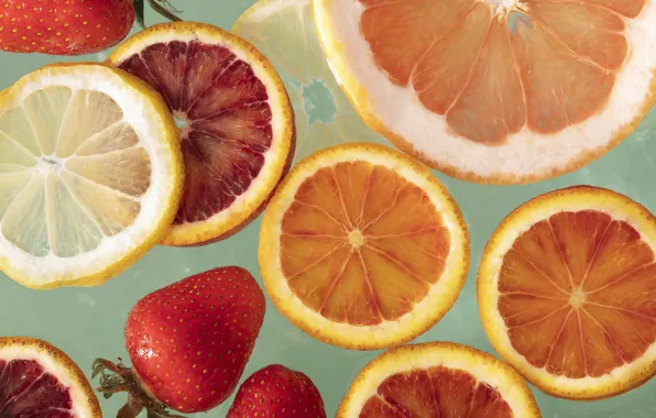 Berries, oranges, strawberry, fruit, citrus, different, lemons, slices