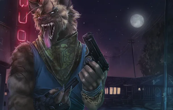 Night, Gun, The moon, Weapons, Moon, Fantasy, Beast, Gun