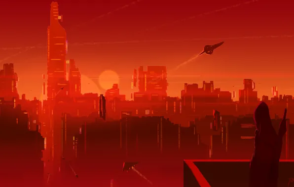 The sun, The city, People, Silhouette, Skyscrapers, City, Fantasy, Landscape