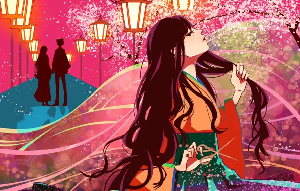 Picture petals, silhouette, lights, pair, kimono, alley, date, long hair