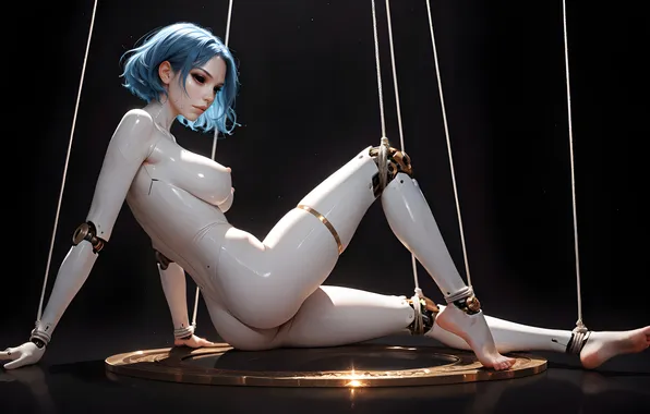 Plastic, black background, blue hair, sitting, digital artwork, fantastic art, android girl, The marionette