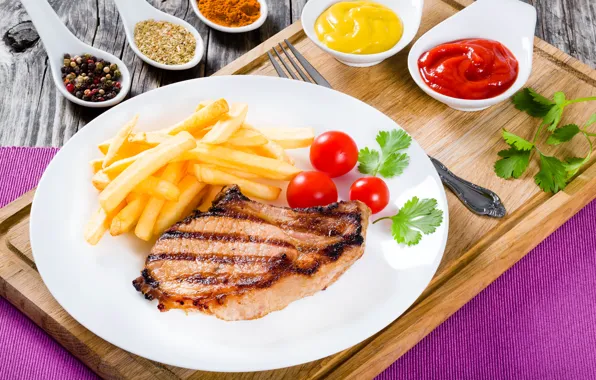 Plate, meat, tomatoes, sauce, ketchup, spices, tomatoes, potatoes