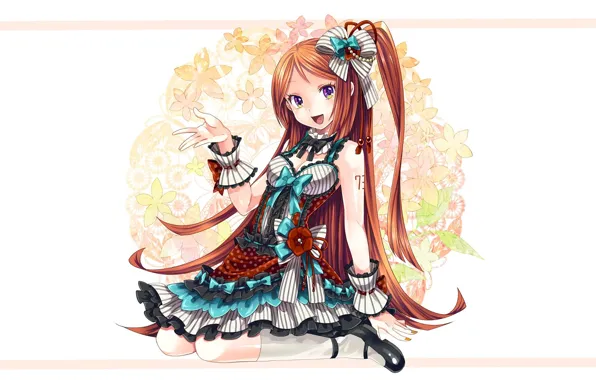 Ruski, white background, corset, knee, bows, long hair, cuff, floral pattern