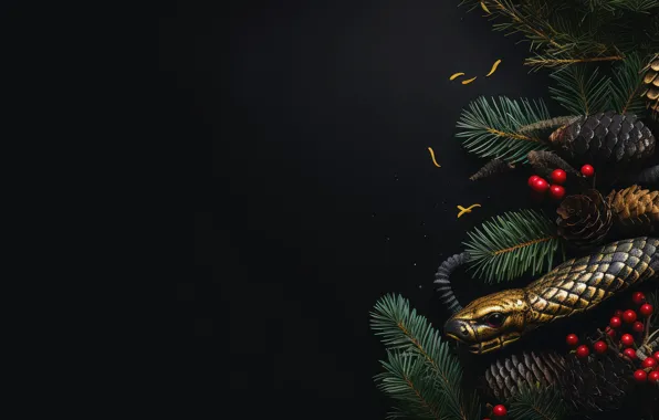 Look, face, branches, berries, the dark background, snake, scales, fruit