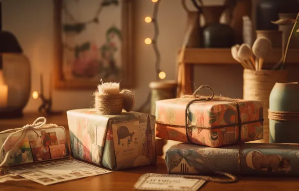 Light, table, wall, rope, Christmas, gifts, shelf, New year