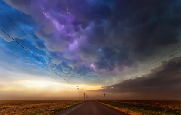 Road, clouds, storm, lightning, USA, Texas