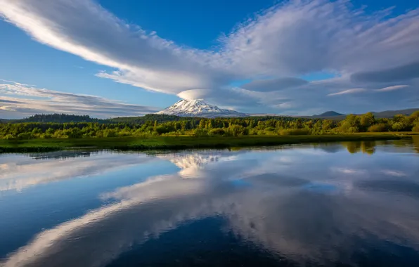 Forest, the sky, clouds, lake, reflection, mountain, Washington State, Mount Adams