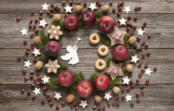 Decoration, apples, cookies, Christmas, New year, christmas, nuts, new year