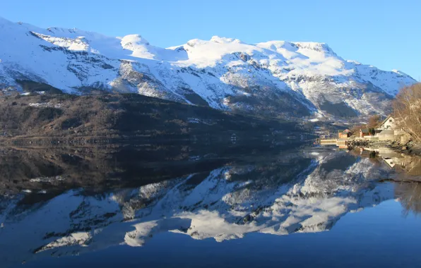 Mountains, lake, reflection, calm, Norway, Norway, Hordaland, Utne