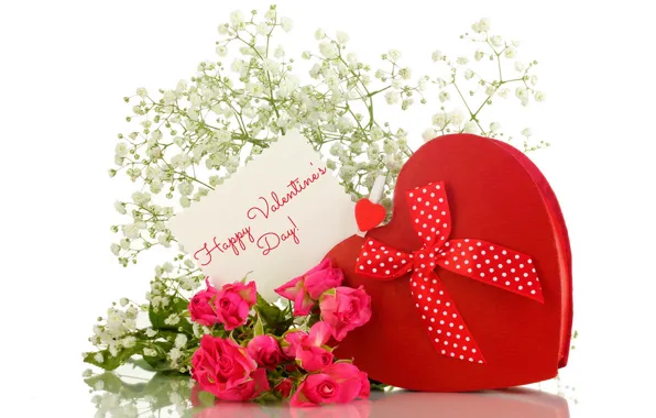 Picture love, red, gift, romance, heart, roses, bow, Valentine`s day