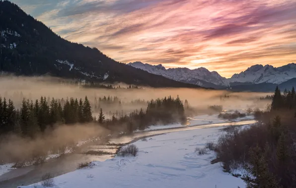 Winter, forest, clouds, snow, mountains, fog, river, dawn