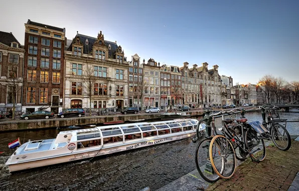 Bike, boat, ship, home, channel, Amsterdam, nederland, amsterdam