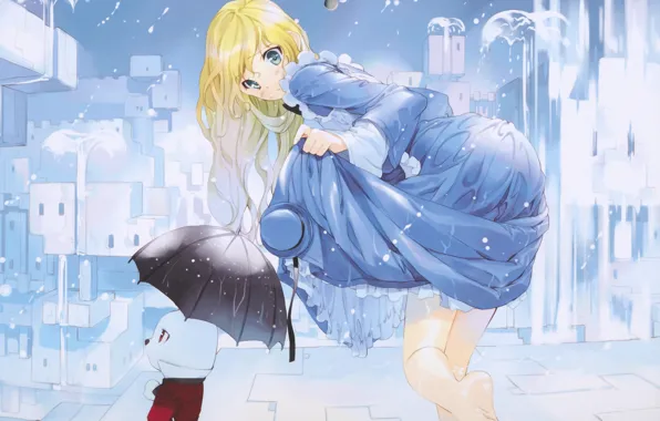 Girl, drops, the city, rain, home, hat, umbrella, anime