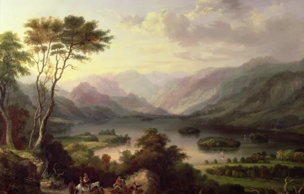 Picture lake, people, tree, hills, horse, donkeys, Arthur Hughes, karavanchik