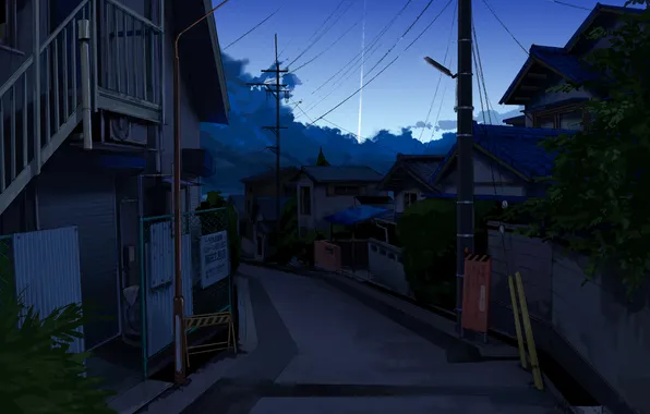 Road, the sky, clouds, trees, night, the city, sign, wire