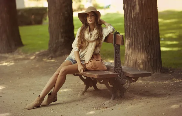 Picture girl, trees, bench, nature, Wallpaper, model, hat, wallpaper