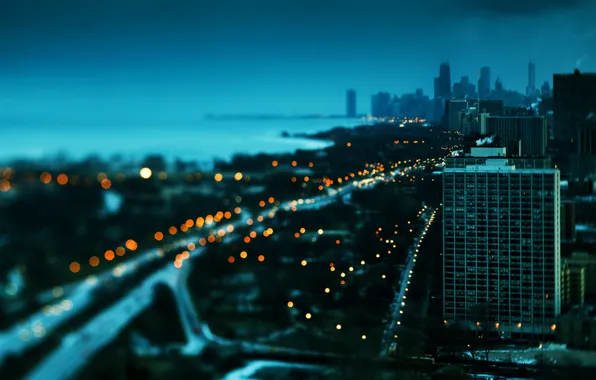 Winter, sunset, lights, building, skyscrapers, Chicago, beautiful, America