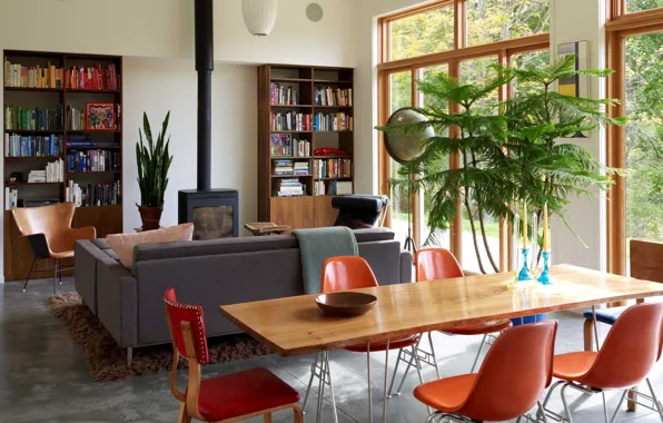Design, interior, fireplace, library, New York, retro style, living room, dining room