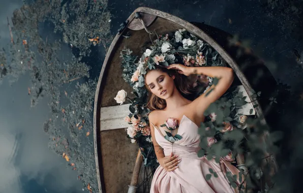 Girl, flowers, pose, mood, boat, lies, Princess, pond