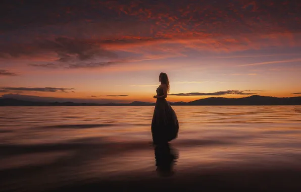 The sky, girl, landscape, nature, romance, dal, dress, long hair