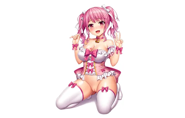 Girl, sexy, cleavage, blouse, thighhighs, pink hair, legs, pussy