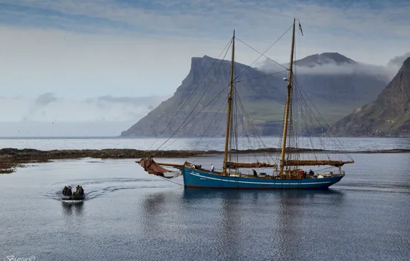 Mountains, boat, Bay, yacht, Denmark, Faroe Islands, Faroe Islands, Denmark