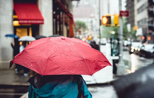 The city, rain, street, umbrella