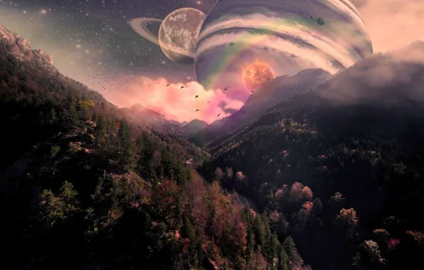 Trees, mountains, planet, fantasy