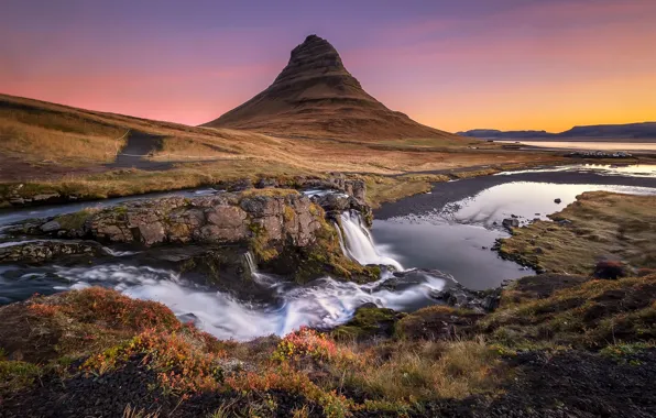 Picture mountains, river, waterfall, Iceland