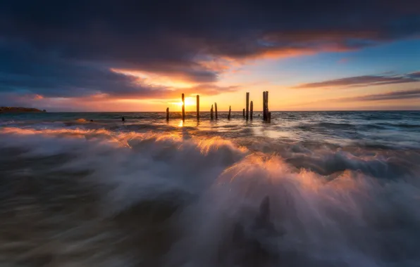 Sea, wave, sunset, surf, piles