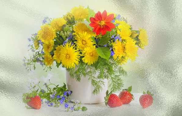 Summer, flowers, spring, strawberry, still life, dandelions, the Wallpapers