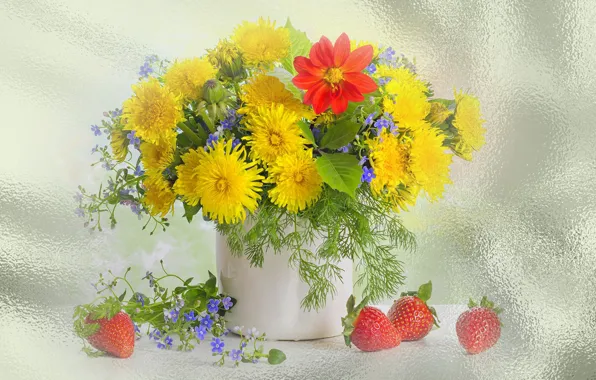 Summer, flowers, dandelion, spring, strawberry, still life, the Wallpapers