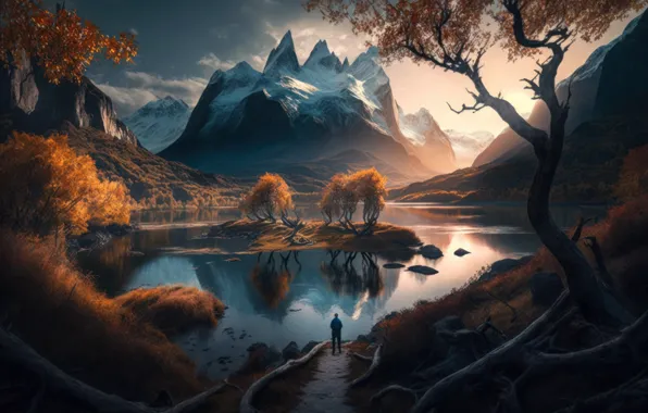 Autumn, snow, trees, landscape, mountains, nature, fog, lake