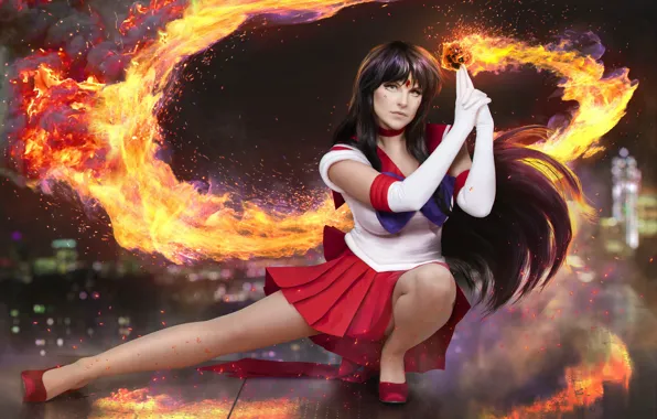 Fire, flame, long hair, woman, big, anime, night, power