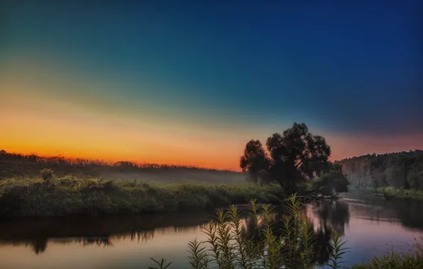 Picture the sky, sunset, fog, river, shore, Istra