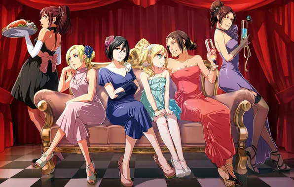 Picture girls, anime, art, shingeki no kyojin, Mikasa Ackerman, Annie Leonhart, Sasha Blouse, Ymir