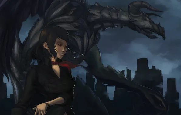 Girl, night, red, the city, dragon, monster, art, horns