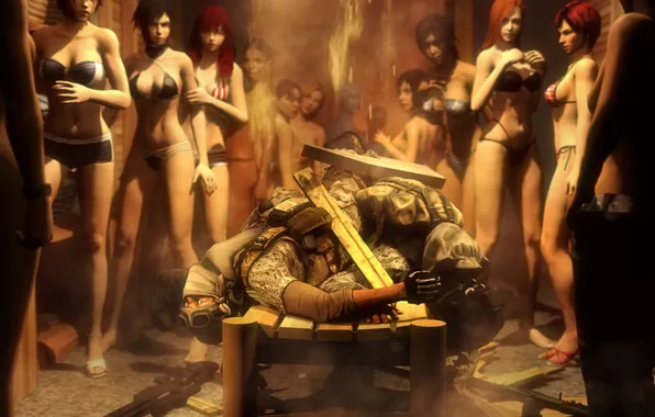 Swimsuit, girls, panties, linen, soldiers, locker room, mercenary, fell