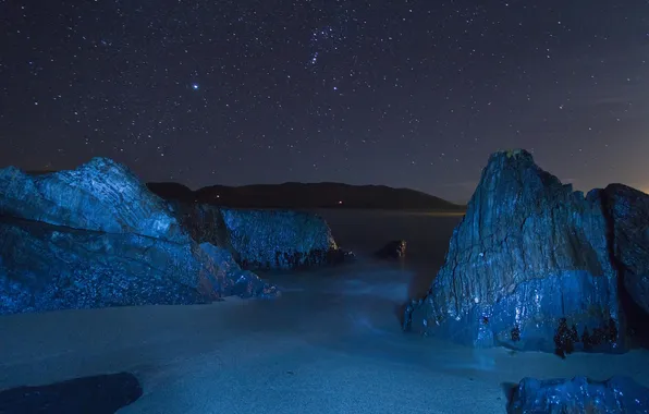 Sea, the sky, stars, light, night, stones, rocks