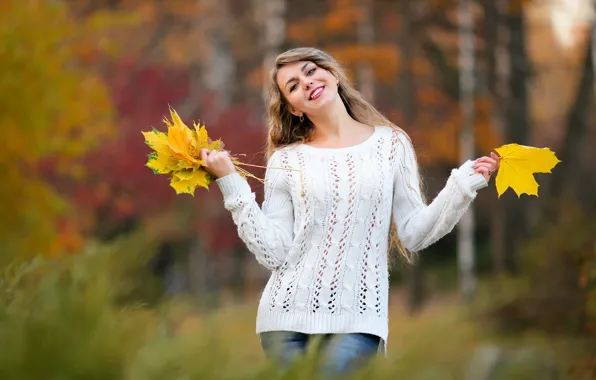 Picture autumn, look, leaves, girl, nature, pose, smile, sweater