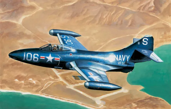 Picture war, art, airplane, painting, aviation, jet, Grumman F9F Panther