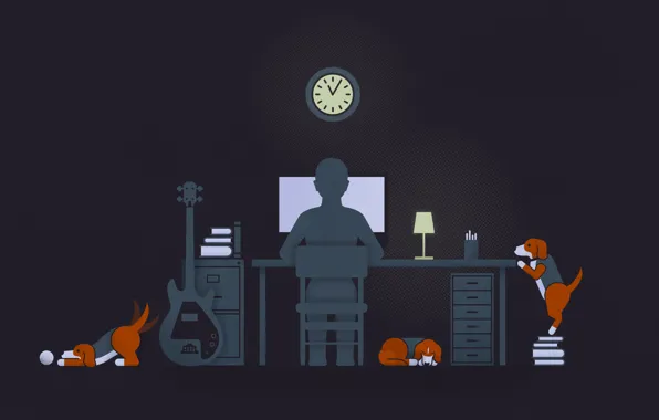 Computer, dogs, loneliness, black, watch, lamp, guitar, guy