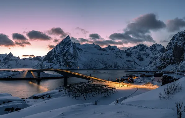 Picture winter, snow, sunset, mountains, bridge, village, Norway, panorama