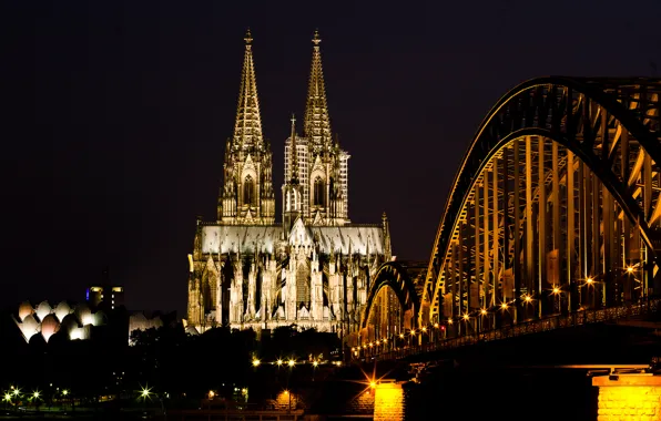 Light, night, bridge, the city, river, Germany, Church, Germany