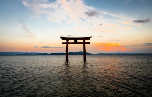 The sky, landscape, the ocean, gate, Japan, Japan, torii