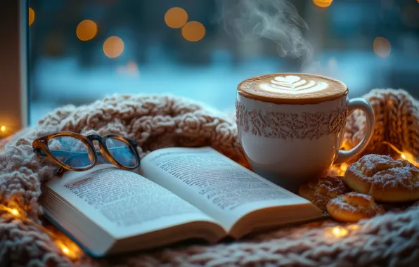 Winter, night, comfort, coffee, the evening, cookies, window, glasses